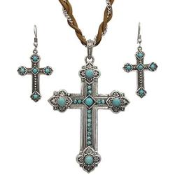 Gypsy Jewels Long Braided Faux Suede & Silver Tone Chain Unique Large Charm Pendant Simulated Turquoise Necklace & Dangle Earrings Set
