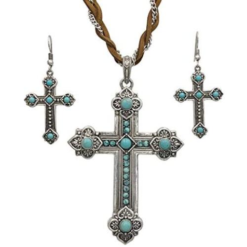Gypsy Jewels Long Braided Faux Suede & Silver Tone Chain Unique Large Charm Pendant Simulated Turquoise Necklace & Dangle Earrings Set
