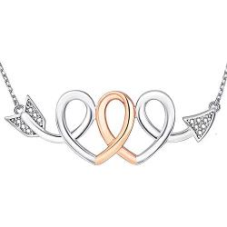 925-Silver Cupid-Arrow Double-Heart Necklace - Platinum Rose Plating Sterling Silver Pendant Necklaces with 5A Zirconia for Women Girlfriends Couples Jewelry Valentines Day Birthdays Gifts