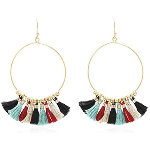 Bohemian Handmade Multi Color Tassel with Yellow Gold Plated Dangle Drop Statement Earrings