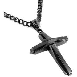 HZMAN Mens Polished Stainless Steel Silver Cross Pendant Necklace 22+2 Inches Chain