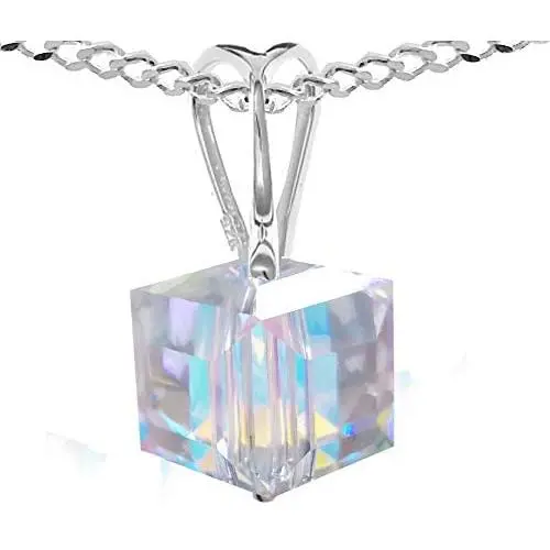 Cube Necklace Royal Crystals made with Sterling Silver 925 and Swarovski Crystals Aurora Borealis Charm, 18inches Cube Necklace Royal Crystals made with Sterling Silver 925 and Swarovski Crystals Aurora Borealis Charm, 18inches
