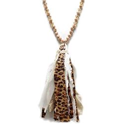 Miracle Collection Boho Handmade Knotted Glass with Leopard Fringe Statement Tassel Vintage Long Necklace