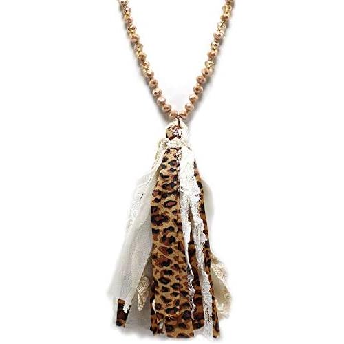 Miracle Collection Boho Handmade Knotted Glass with Leopard Fringe Statement Tassel Vintage Long Necklace