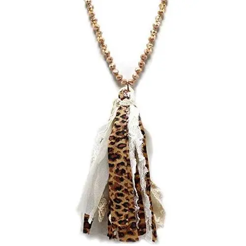 Miracle Collection Boho Handmade Knotted Glass with Leopard Fringe Statement Tassel Vintage Long Necklace Miracle Collection Boho Handmade Knotted Glass with Leopard Fringe Statement Tassel Vintage Long Necklace