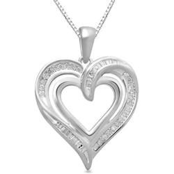 Jewelili Round and Tapered Baguette Diamond Heart Pendant Necklace, 18 Box chain