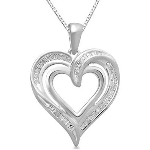 Jewelili Round and Tapered Baguette Diamond Heart Pendant Necklace, 18 Box chain