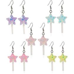 5 Pairs Cute Resin Star-shaped Lollipop Drop Earring Handmade Candy Color Simulation Food Dangle Earring