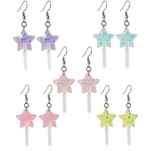 5 Pairs Cute Resin Star-shaped Lollipop Drop Earring Handmade Candy Color Simulation Food Dangle Earring