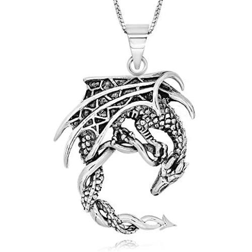 925 Sterling Silver Fantasy Dragon Pendant Pendant Necklace, 18''
