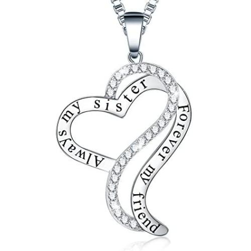 Ado Glo Mother’s Day Sister Gifts, Always My Sister Forever My Friend Love Heart Pendant Necklace, Fashion Jewelry for Women and Girls, Her Christmas Anniversary Birthday Present from Brother, Friend