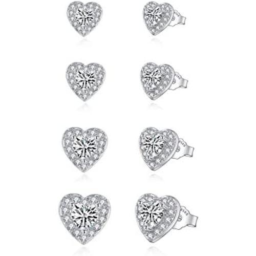 925 Sterling Silver Stud Earrings for Women|4 Pairs Cubic Zirconia Stud Earrings 14K White Gold Plated Heart Stud Earrings for Women Men Girls 3/4/5/6mm