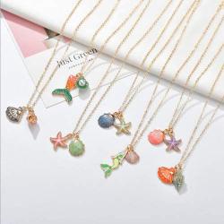 5pcs Pendant Necklaces for Kids Girls Mermaid Starfish Conch Pendants Tiny Gold Plated Play Necklace Jewelry Party Favors Gifts for Little Girls Daughter