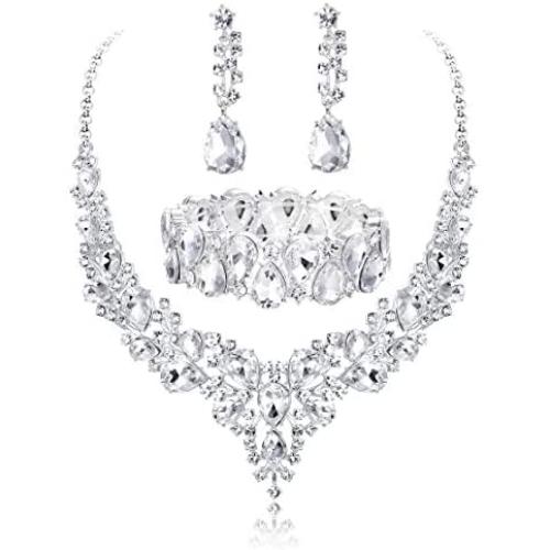 Udalyn Crystal Bridal Jewelry Sets for Women Necklace Earrings Bracelet Set for Wedding Rhinestone Bridesmaid Gifts fit with Wedding Dress