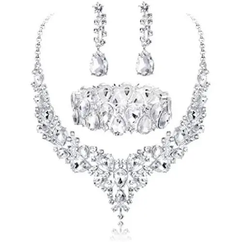 Udalyn Crystal Bridal Jewelry Sets for Women Necklace Earrings Bracelet Set for Wedding Rhinestone Bridesmaid Gifts fit with Wedding Dress