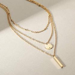 CIUNOFOR Layered Necklace Gold Plated Bar Geometric Pendant with Cubic Zirconia Long Chain Necklace for Women Lady Girl