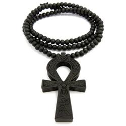 Fashion 21 Egyptian Ankh Cross Pendant 6mm 27'' Stretchable Wooden Bead Necklace (3 Colors Available)