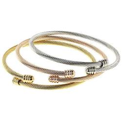 EDFORCE 3 Tone Stainless Steel Hypoallergenic Stacked Twisted Cable Wire Bangle Adjustable Cuff Bracelet Set, Set of 3, 6''-7.5''