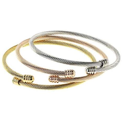 EDFORCE 3 Tone Stainless Steel Hypoallergenic Stacked Twisted Cable Wire Bangle Adjustable Cuff Bracelet Set, Set of 3, 6''-7.5''