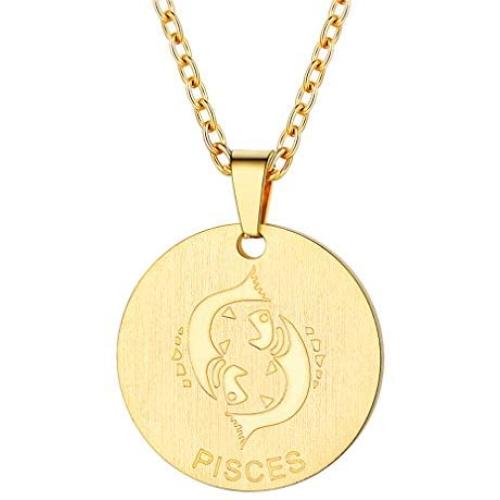 FaithHeart Customizable Astrology 12 Constellation Horoscope Necklace, Stainless Steel/18K Gold Plated Zodiac Star Sign Dog Tag/Coin Pendant Men Lucky Layered Charms for Women