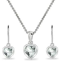 Sterling Silver Genuine or Synthetic Gemstone Heart Bezel Necklace & Dangle Earrings Set