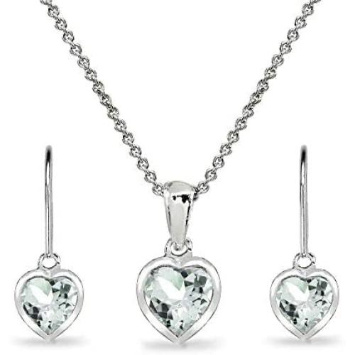 Sterling Silver Genuine or Synthetic Gemstone Heart Bezel Necklace & Dangle Earrings Set