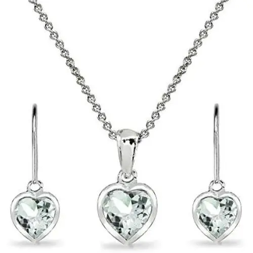 Sterling Silver Genuine or Synthetic Gemstone Heart Bezel Necklace & Dangle Earrings Set