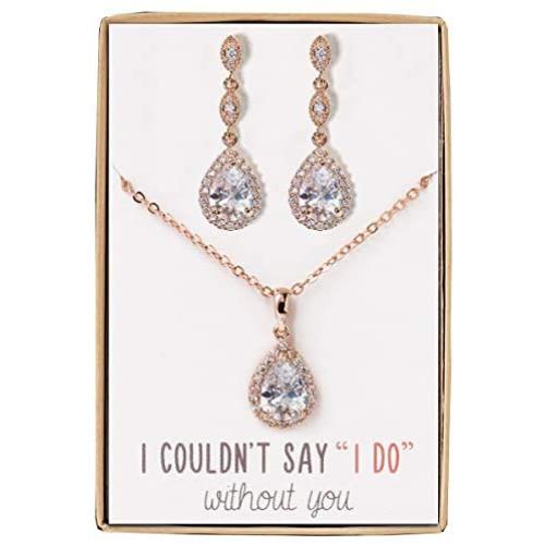 A+O Bridesmaid Earrings, Teardrop Cubic Zirconia Crystal Earrings in Silver, Gold, Rose Gold