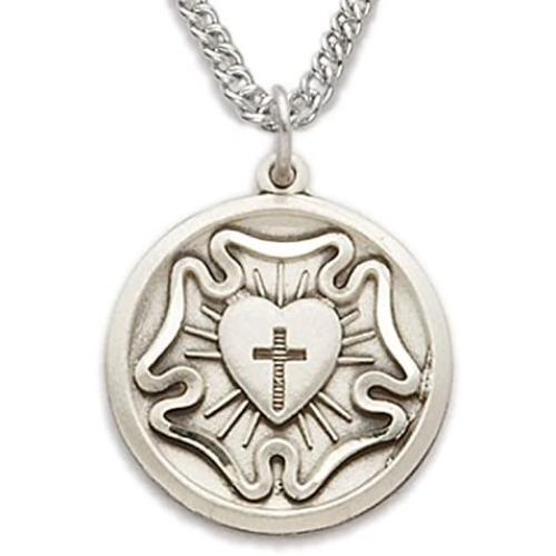 TrueFaithJewelry Sterling Silver Engraved Luthers Rose Lutheran Medal Pendant, 3/4 Inch