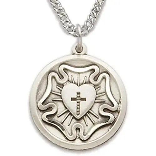 TrueFaithJewelry Sterling Silver Engraved Luthers Rose Lutheran Medal Pendant, 3/4 Inch