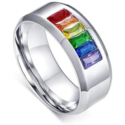 FOXI YOUTH Lovers Surgical Steel LGBT Gay Pride Lesbian Rainbow Colorful CZ Stone Inlay Band Ring Promise Wedding Engagement Rings:Silver-13#