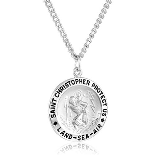 Amazon Collection Mens Sterling Silver Round Saint Christopher Medal Pendant with ''Land, Sea, Air'' Inscription with Stainless Steel Chain, 24''