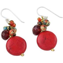 NOVICA Calcite .925 Sterling Silver Cluster Earrings, Red Circles