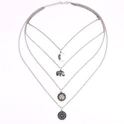 Kercisbeauty Halloween Boho Multi layer Silver Long Necklace for Women and Teen Girls with Moon Elephant Rune Pendant Choker Party Jewelry