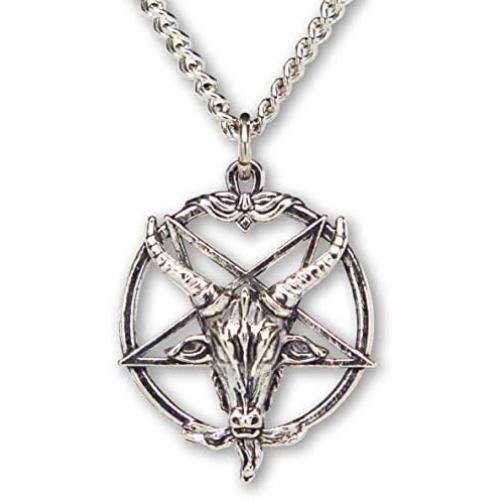 Real Metal Baphomet Satanic Goat Head Inverted Pentagram Silver Finish One Inch Pendant Necklace