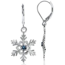 Silvershake Petite Genuine London Blue Topaz 925 Sterling Silver Snowflake Leverback Dangle Earrings-Petite Stone