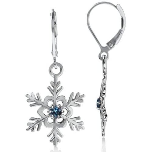 Silvershake Petite Genuine London Blue Topaz 925 Sterling Silver Snowflake Leverback Dangle Earrings-Petite Stone