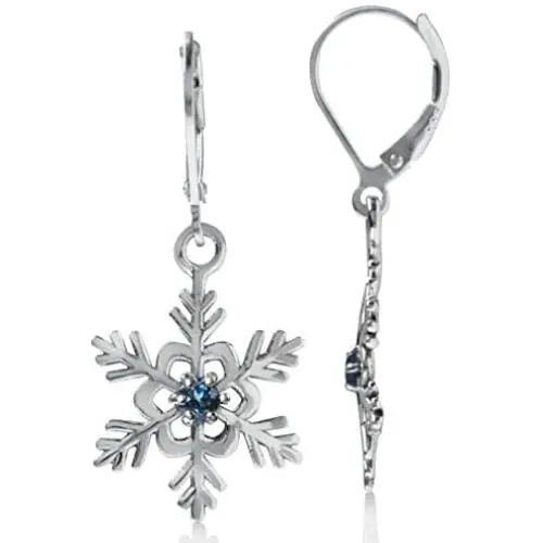 Silvershake Petite Genuine London Blue Topaz 925 Sterling Silver Snowflake Leverback Dangle Earrings-Petite Stone Silvershake Petite Genuine London Blue Topaz 925 Sterling Silver Snowflake Leverback Dangle Earrings-Petite Stone