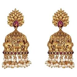 Tarinika Vainavi Antique Gold-Plated Indian Jhumka Earrings - Red