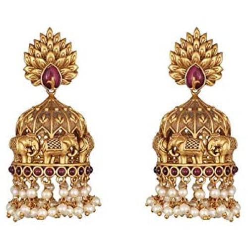 Tarinika Vainavi Antique Gold-Plated Indian Jhumka Earrings - Red