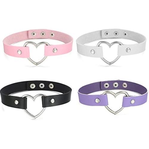 FIBO STEEL 1-4 Pcs Womens Mens Leather Necklace Choker Necklace Heart Punk Goth Emo Style Adjustable