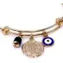 18K Gold Plated Expandable Bangle Bracelet Charm St. Benedict Medal & Genuine Azabache Stone