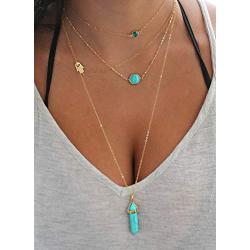 Ckecharfa Boho Layered Turquoise Necklaces Gold Gemstone Choker Necklace Hamsa Hand Pendant Neck Chain Beach Jewelry Accessories for Women and Girls