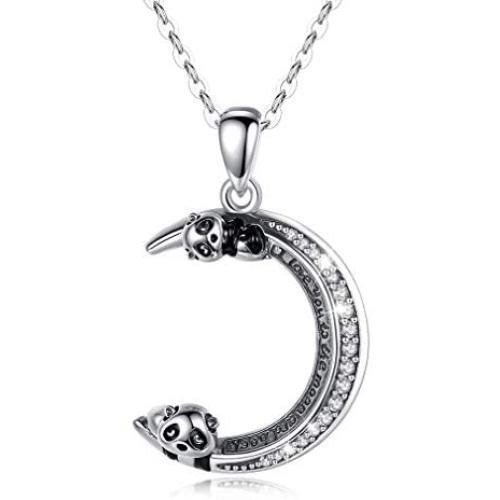 Eusense Panda Necklace Sterling Silver I Love You to the Moon and Back Necklaces Jewelry Cute Pandas Pendant with Cubic Zirconia for Women Girls