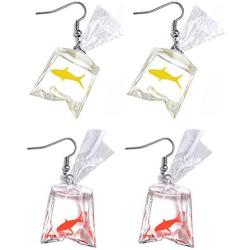 ONEYIM Funny Goldfish Earrings,Water Bag Shape Dangle Hook Earrings Charm Jewelry Gift Earrings for Women Girls-2 Pairs(One Red& One Yellow)