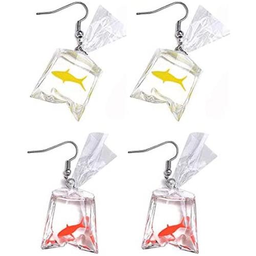 ONEYIM Funny Goldfish Earrings,Water Bag Shape Dangle Hook Earrings Charm Jewelry Gift Earrings for Women Girls-2 Pairs(One Red& One Yellow)