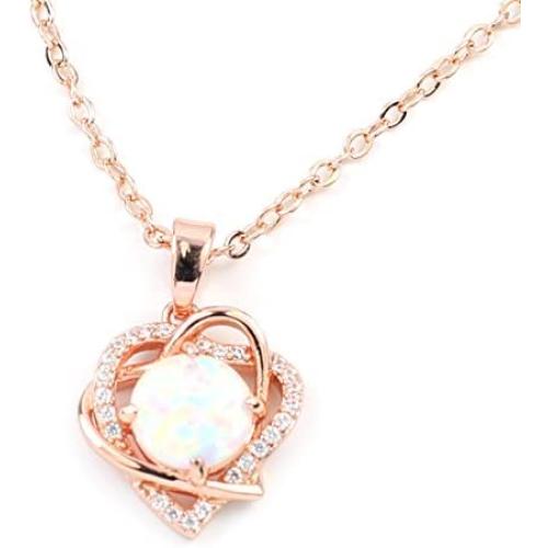 FC JORY White & Rose Gold GP Women Girl CZ Crystal Pendant Open Heart Created Fire Opal Necklace (rose gold)