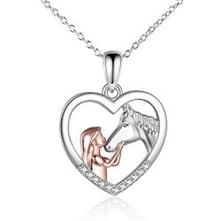 YFN Horse Pendant Necklace Sterling Silver Girls with Horse Gift For Women Girls (Horse with Girl Necklace) (Rose Girls with Horse Necklace)