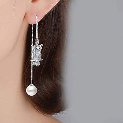 HZJCC Crystal owl dangle earrings for women long chain Artificial pearls earring crystal Animal jewelry valentine gift