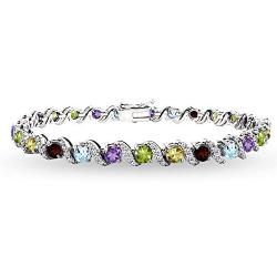 Sterling Silver Genuine, Created or Simulated Gemstone Round S Design Tennis Bracelet